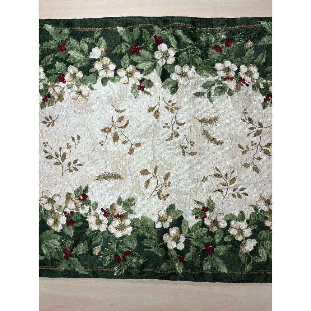 Vintage Christmas Holiday Green Cream Holly Floral Jacquard Table Runner+Napkins
